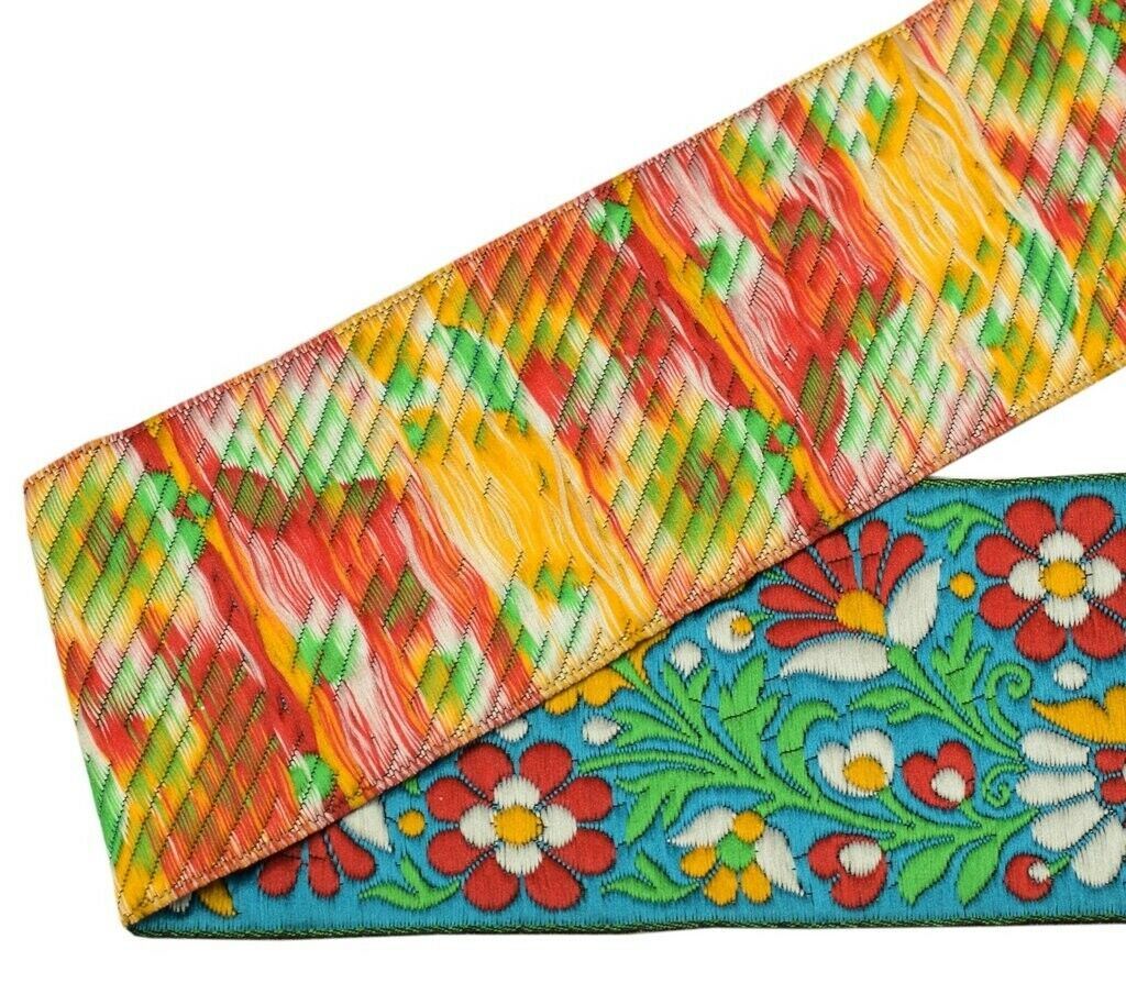 1 Yard Sari Border Indian Craft Trim Sewing Floral Ribbon Lace Edging Tape Blue