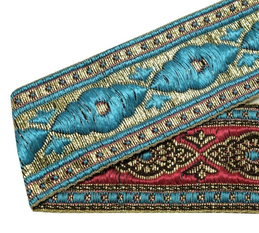 2.10" W 2 Yard Saree Border Indian Craft Trim Woven Pink Blue Sewing Ribbon Lace