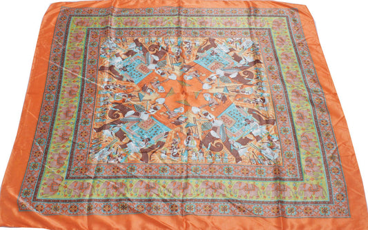 Sushila Vintage Orange Women Neck Scarf Blend Satin Silk Printed Stole 38x 37