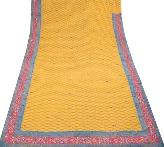Sushila Vintage Yellow Printed Scrap Saree Pure Georgette Hand Work Sari Craft Fabric