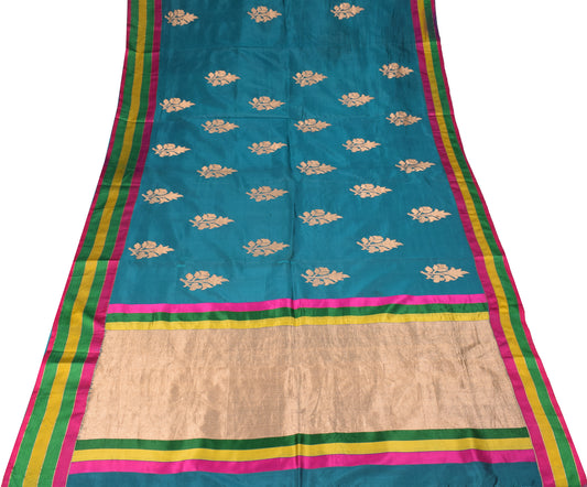 Sushila Vintage Teal Blue Scrap Saree Pure Silk Zari Woven Sari Craft Fabric