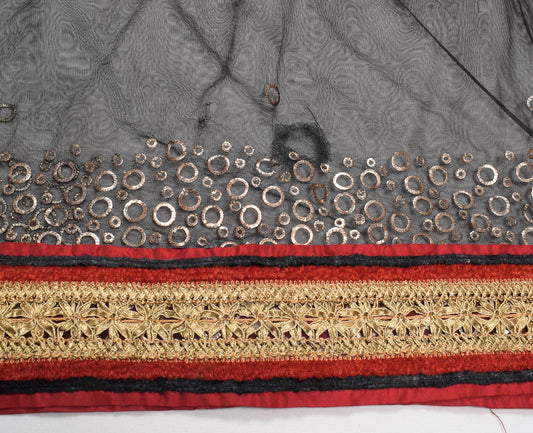 Sushila Vintage Black Net Scrap Saree Mukesh Work Red Border Sari Craft Fabric