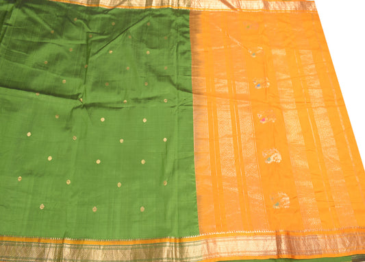 Sushila Vintage Pure Silk Scrap Saree Gold Zari Brocade Green Sari Craft Fabric