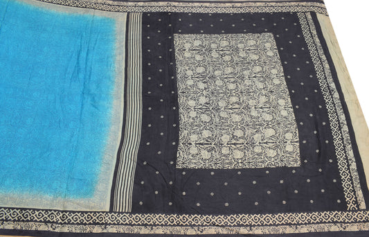 Sushila Vintage Pure Silk Scrap Saree Printed Floral BRANDED Blue Sari Craft Fabric