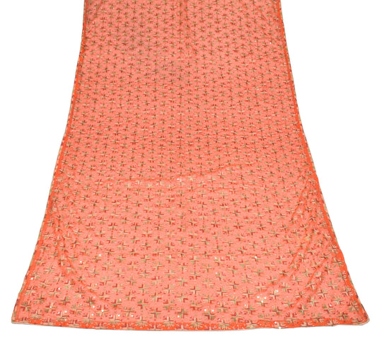 Sushila Vintage Orange Scrap Dupatta Bagh Phulkari Embroidered Art Chiffon Long Stole