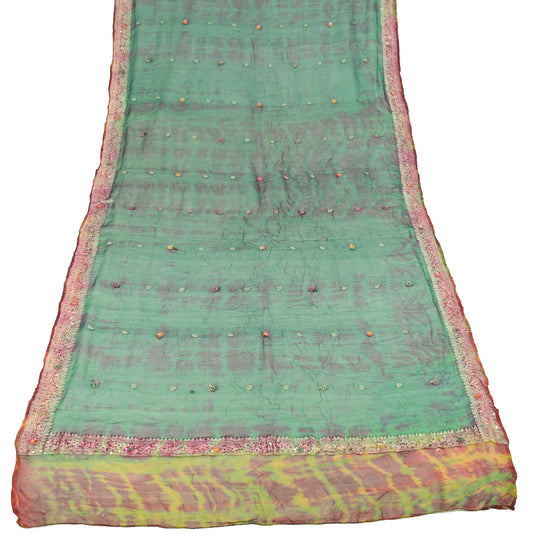 Sushila Vintage Green Scrap Dupatta Tie-Dye Zari Brocade Pure Georgette Long Stole