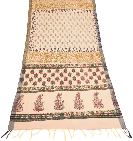 Sushila Vintage Pure Woolen Scrap Dupatta Beige Floral Craft Long Stole