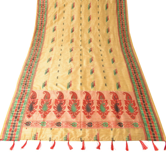 Sushila Vintage Cream Saree Indian Art Silk Hand Woven Paisley Craft Sari 6YD Fabric