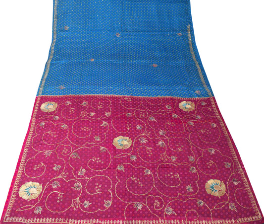 Sushila Vintage Blue Magenta Saree 100% Pure Silk Printed Embroidered Craft Sari Fabric