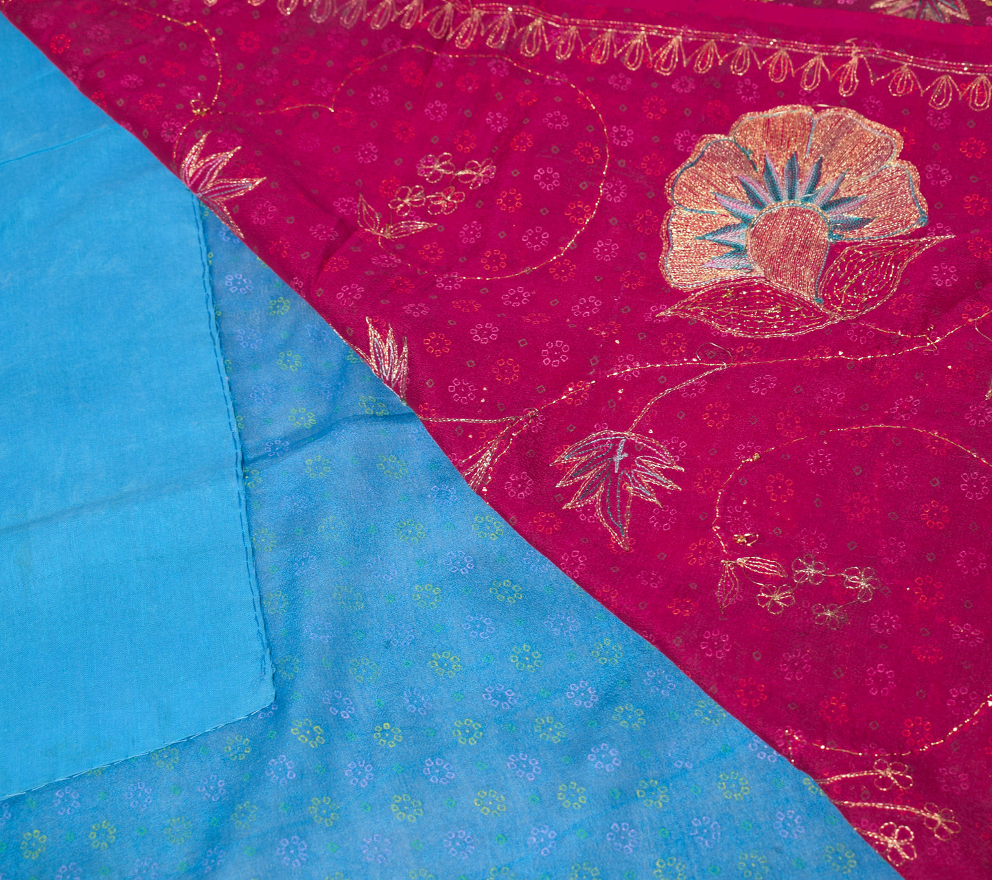 Sushila Vintage Blue Magenta Saree 100% Pure Silk Printed Embroidered Craft Sari Fabric