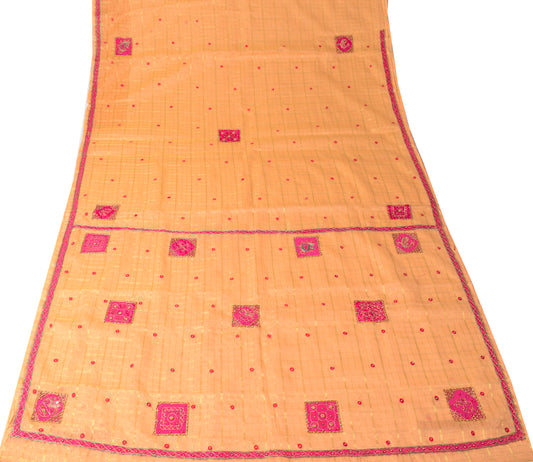 Sushila Vintage Peach Zari Woven Saree Bandhani Patch Work Pure Cotton Silk Sari with Blouse Fabric