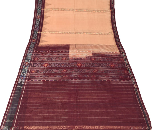 Sushila Vintage Brown Saree 100% Pure Cotton Hand Woven Ikkat Patola Sari Fabric