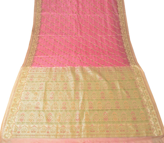 Sushila Vintage Woven Pink Saree Pure Tussar Silk Embroidered Sari Craft Fabric