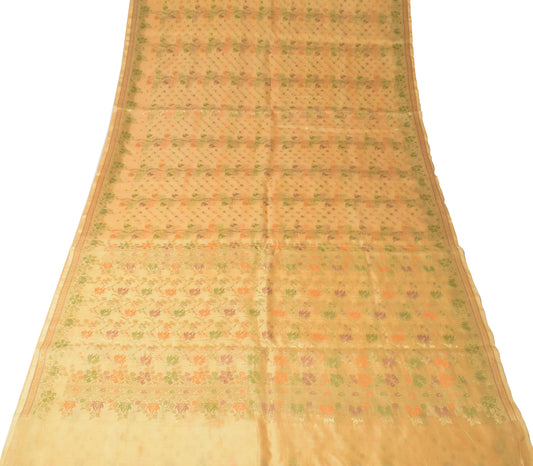 Sushila Vintage Cream Saree Pure Silk Woven Brocade Floral Sari 5Y Craft Fabric