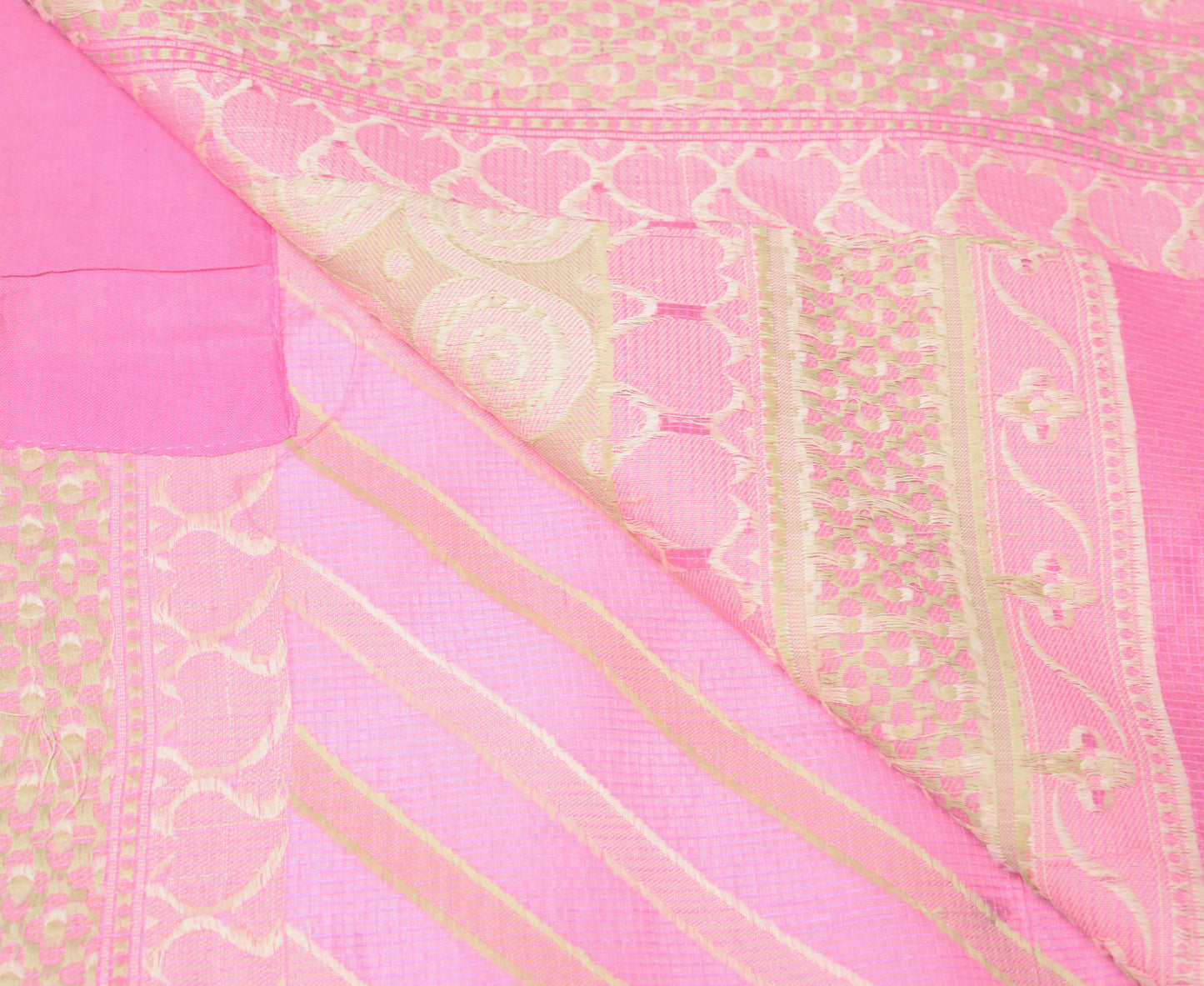 Sushila Vintage Pink Indian Saree Art CottonSilk Woven Stripes Sari Craft Fabric