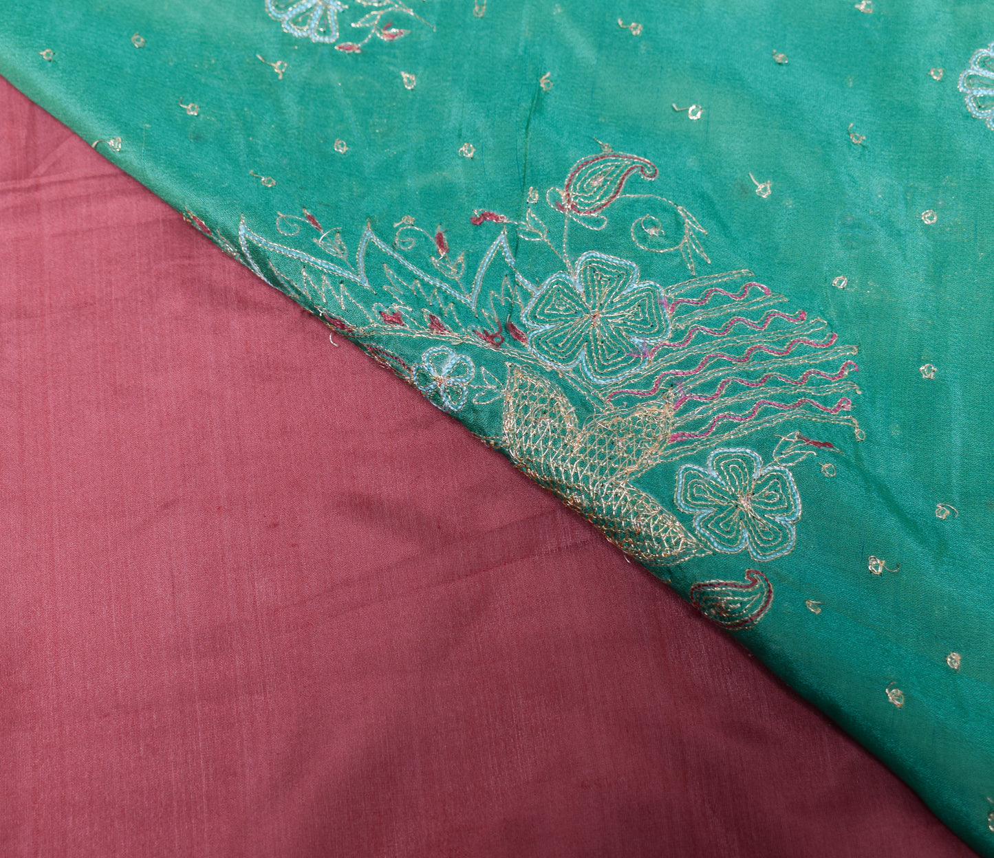 Sushila Vintage Maroon Green Saree Pure Silk Zari Embroidered Floral Sari Fabric