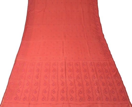 Sushila Vintage Red Saree Pure Cotton Bengal Tant Woven Floral Sari Craft Fabric