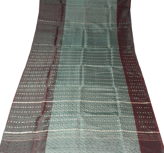 Sushila Vintage Banarasi Saree Art Satin Silk Woven Gray Maroon 5YD Sari Fabric