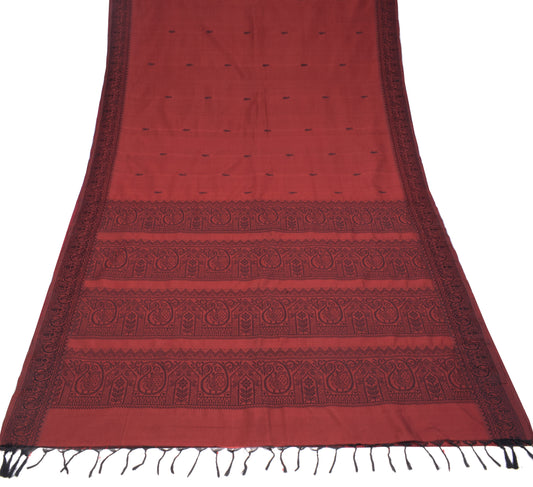 Sushila Vintage Handloom Maroon Saree Pure Cotton Silk Peacock Woven 6YD Sari Fabric