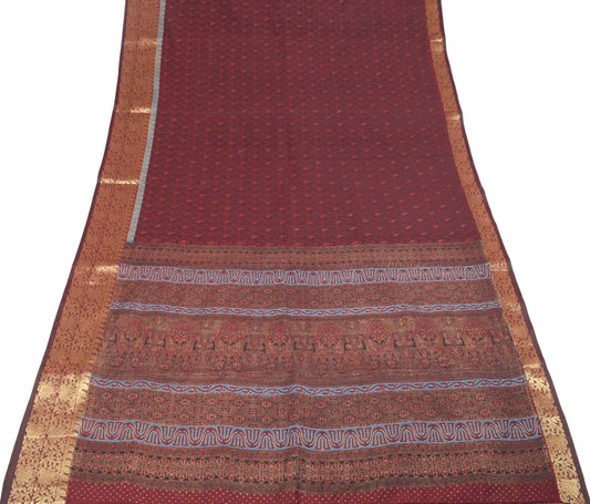 Sushila Vintage Black Saree Paisley Printed Zari Woven art Cotton Sari Craft Fabric