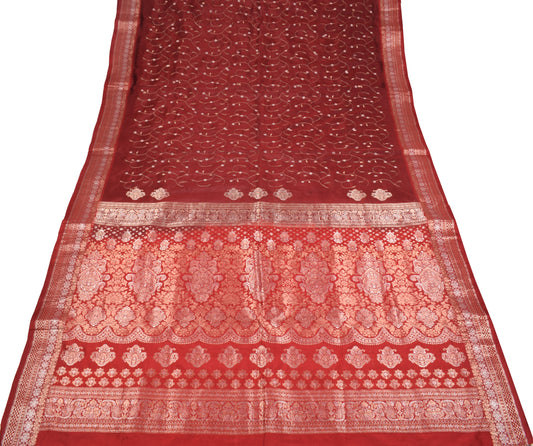 Sushila Vintage Maroon Embroidered Saree Pure Silk Brocade Sari Craft Fabric