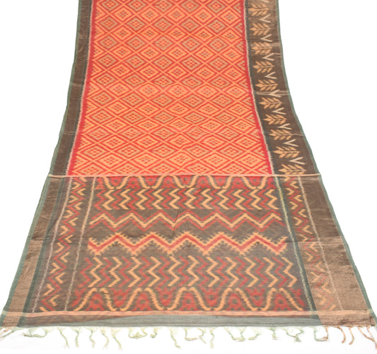 Sushila Vintage Pochampally Saree Pure Cotton Silk Hand Woven Ikat Red Sari