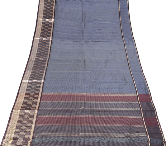Sushila Vintage Blue Checks Woven Saree Zari Border Pure Silk Sari Fabric