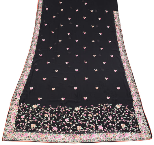 Sushila Vintage Parsi Gara Embroidered Saree Art Georgette HEAVY Black Sari Fabric