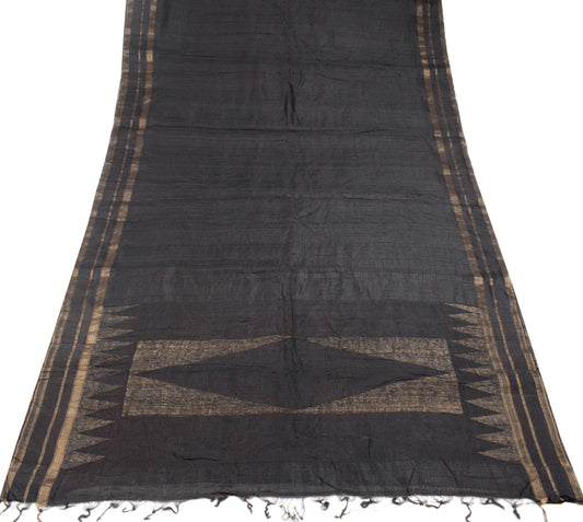 Sushila Vintage Pure Khadi Silk Handloom Saree Black Stripes Woven Sari Fabric