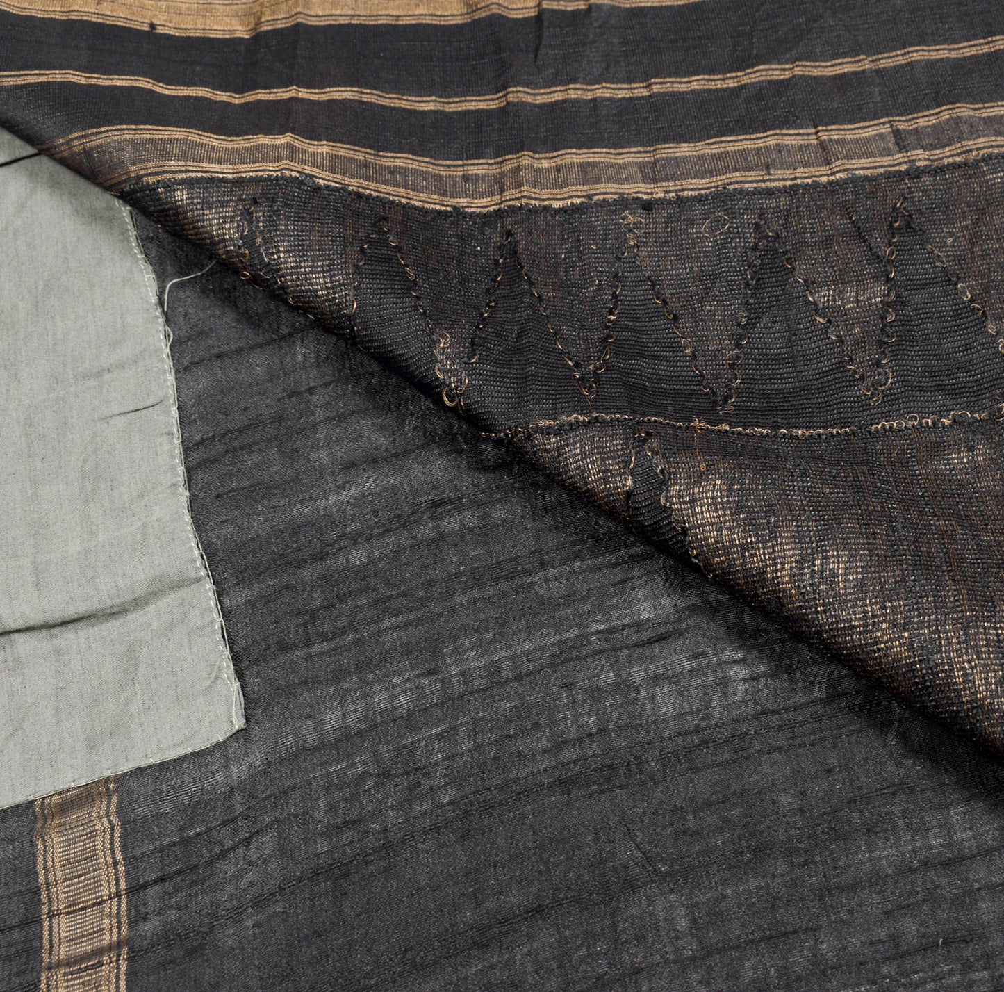 Sushila Vintage Pure Khadi Silk Handloom Saree Black Stripes Woven Sari Fabric