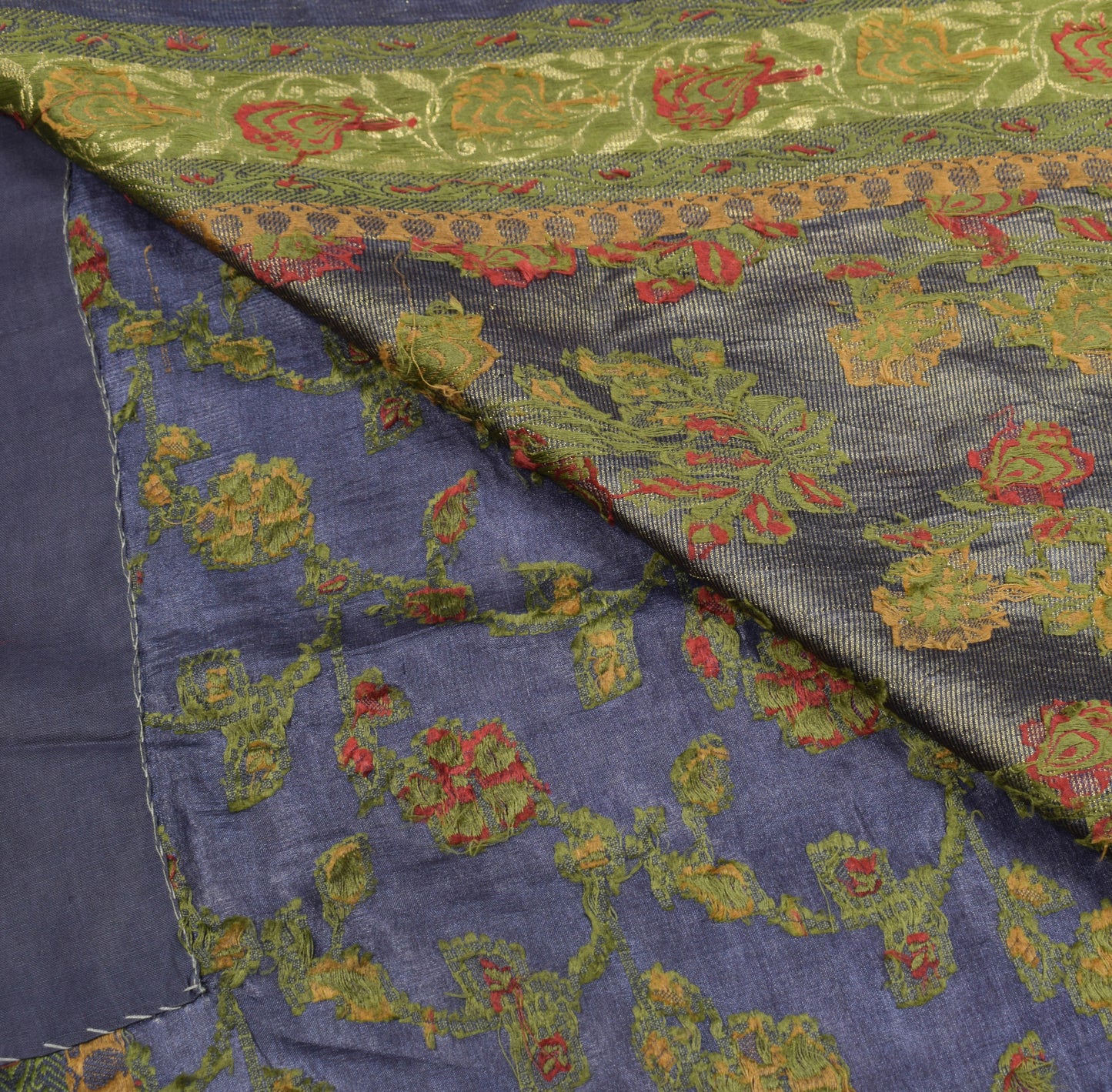 Sushila Vintage 100% Pure Tussar Silk Saree Floral Woven Blue Sari Fabric