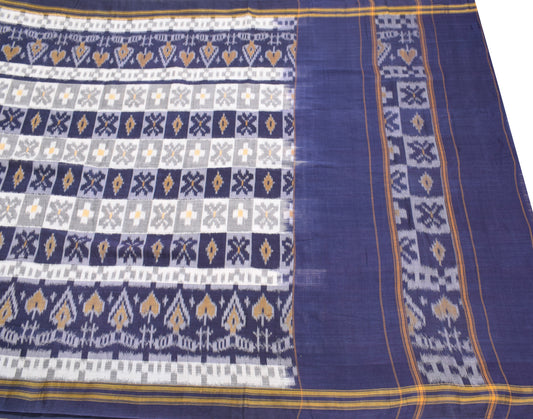 Sushila Vintage Pure Sambalpuri Cotton Sari handloom Ikat Blue White Saree Fabric