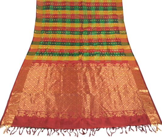 Sushila Vintage Pure Kanjivaram Silk Saree Multi-Color Checks Woven HEAVY Sari Fabric