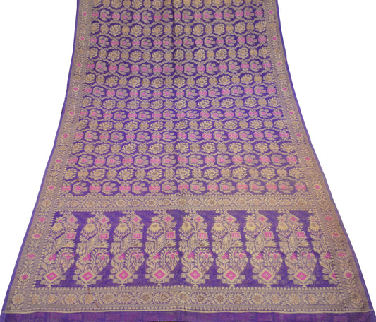 Sushila Vintage Purple Saree Floral Woven Pure Organza Silk Sari Craft Fabric