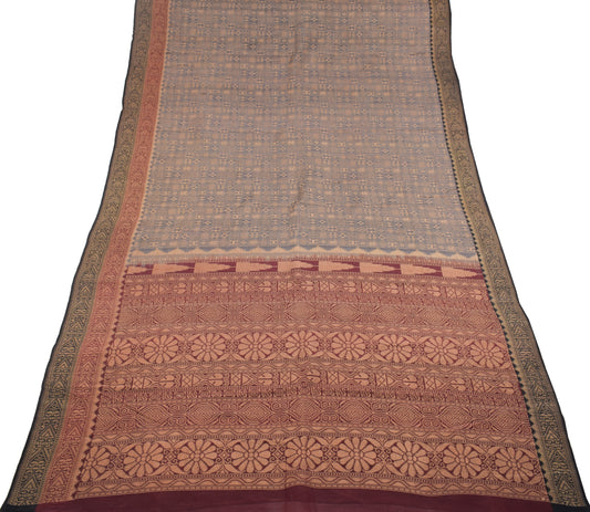 Sushila Vintage Banarasi Handloom Saree HEAVY Pure Silk Gray Hand Woven Sari Fabric