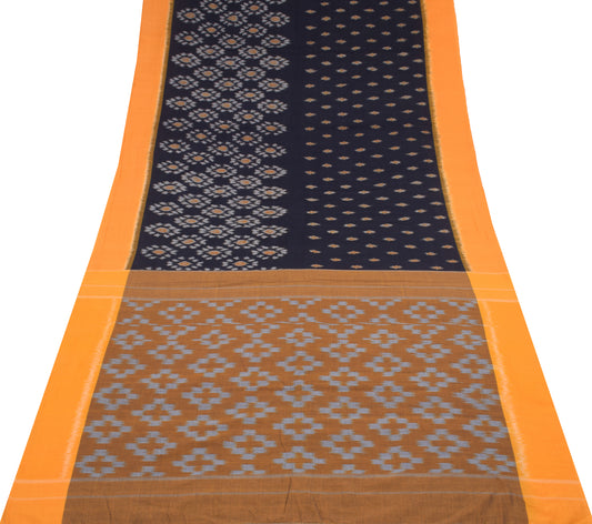 Sushila Vintage Pure Sambalpuri Cotton Sari handloom Ikat Dark Blue Saree Fabric