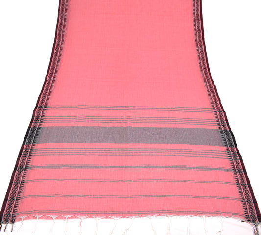 Sushila Vintage Temple Border Woven Saree Handloom Cotton Art Pink Sari Fabric