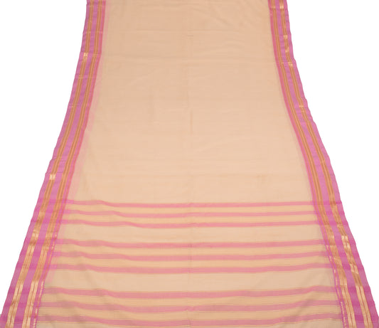 Sushila Vintage Cream Checks Saree Stripes Border Art Cotton Sari 6 Yard Fabric