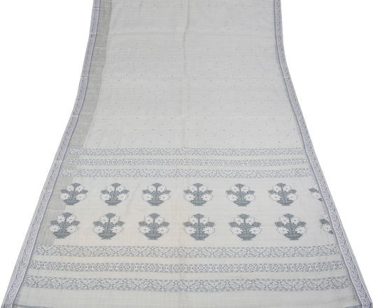 Sushila Vintage Gray Saree Pure Cotton Floral Woven Soft Sari Fabric