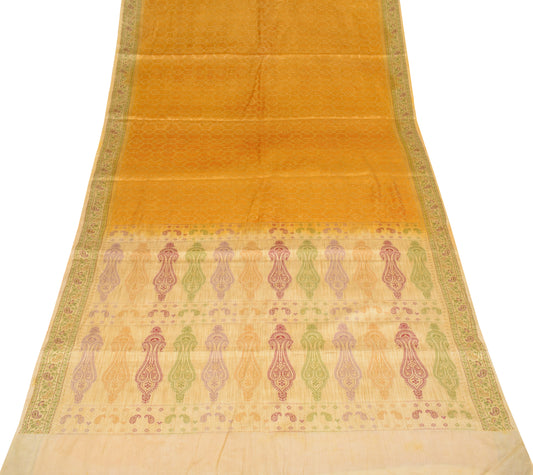 Sushila Vintage Yellow Saree Pure Tussar Silk Resham Woven Soft Sari Fabric