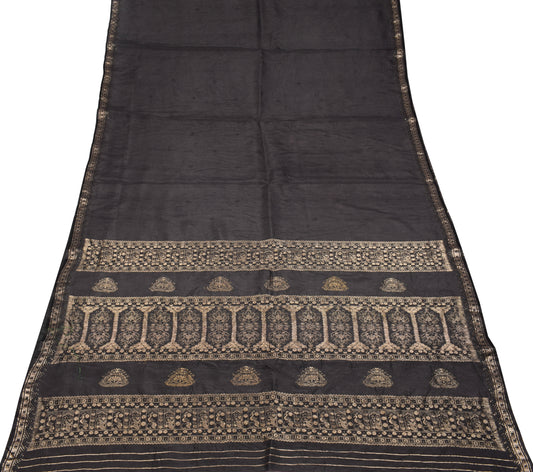 Sushila Vintage Black Zari Brocade Saree Pure Silk HEAVY Sari Craft Fabric