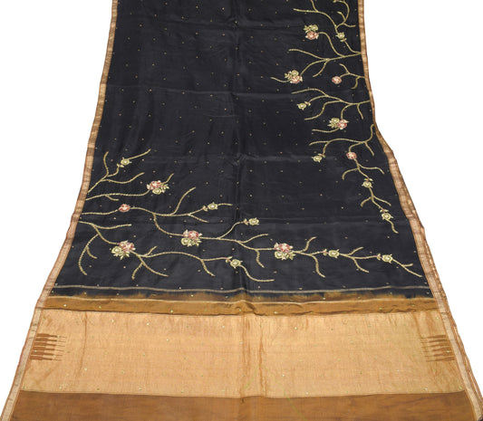 Sushila Vintage Black Saree Pure Silk Embroidered Floral Sari Craft Fabric