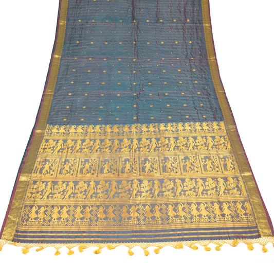 Sushila Vintage Pure Kanchipuram Silk Saree Teal Blue Gold Zari HEAVY Sari Fabric
