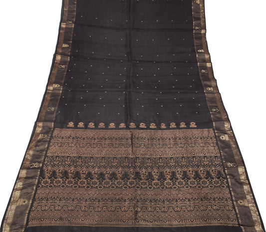 Sushila Vintage Black Zari Brocade Saree Pure Silk HEAVY 5YD Sari Craft Fabric