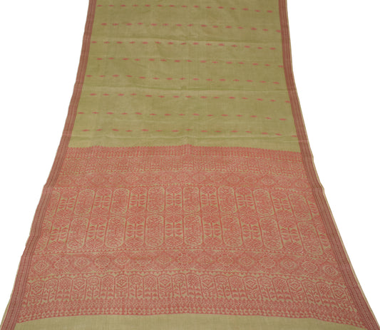 Sushila Vintage Green Saree Pure Cotton Hand Woven Sari Craft Fabric