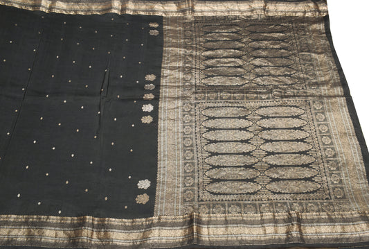 Sushila Vintage Black Pure Silk Saree Gold Silver Zari Brocade Kanjivaram Sari Fabric