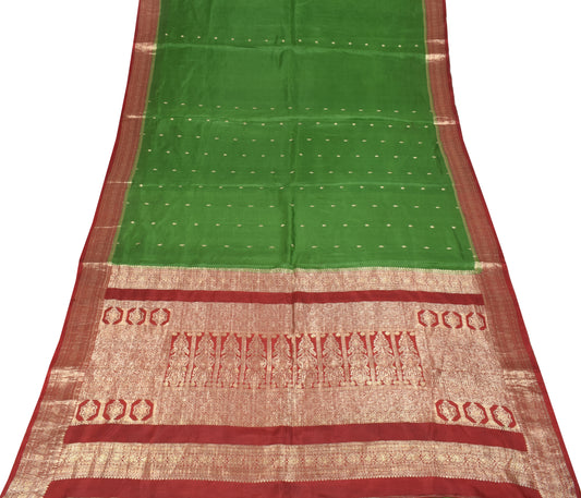 Sushila Vintage Green Pure Silk Saree Contrasted Red Zari Border and Pallu Sari Fabric