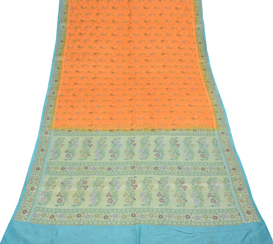 Sushila Vintage Orange Saree Pure Tussar Silk Paisley Woven Soft Sari Fabric