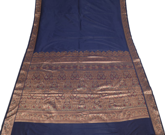 Sushila Vintage Dark Navy Blue Saree Art Silk Woven Border Pallu 6YD Sari Fabric