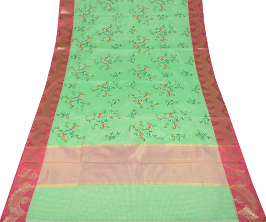 Sushila Vintage Green Art Silk Saree Contrast Zari Border Embroidered Sari Fabric